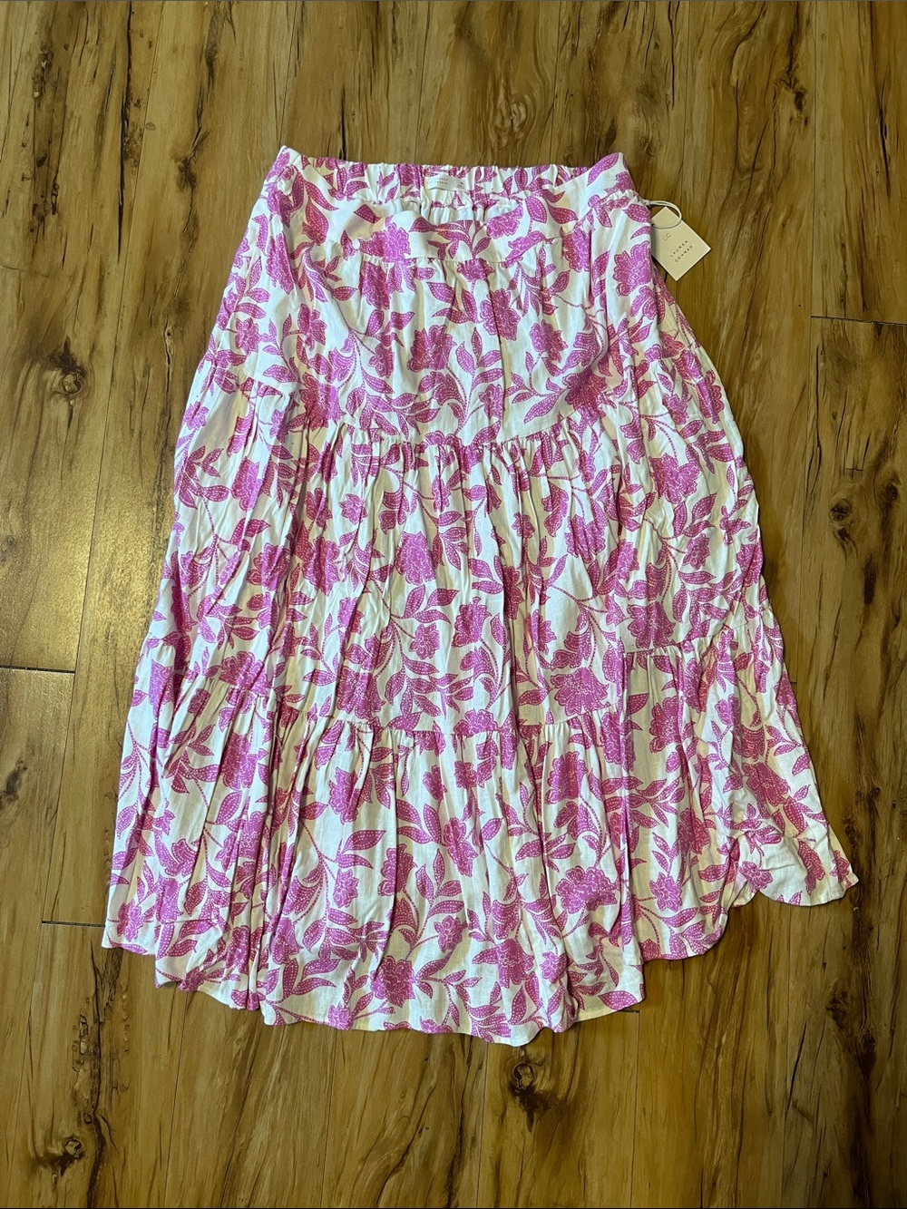 LC Lauren Conrad White Midi Skirt with Pink Floral Tiered Design